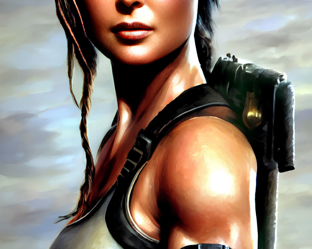 Female video game character with braid in tactical gear under dramatic sky