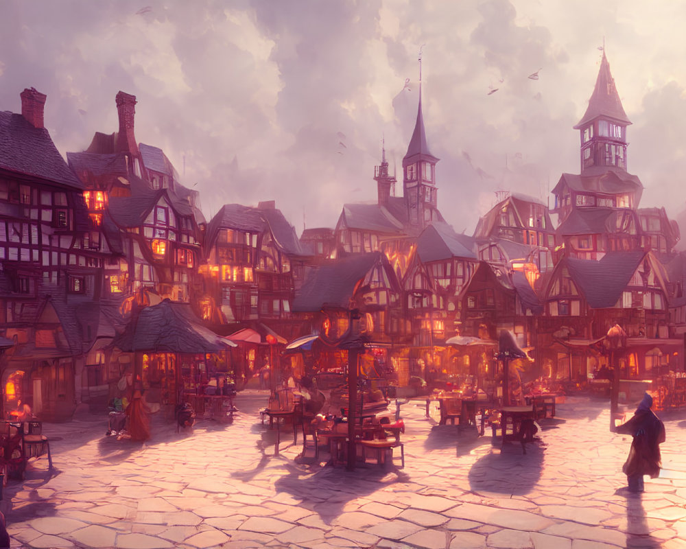 Medieval fantasy town square with half-timbered houses and market stalls