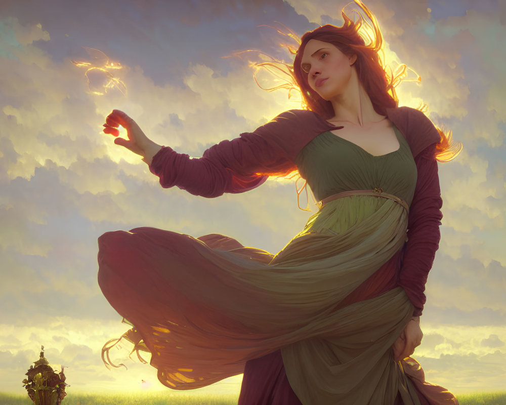 Graceful woman in flowing robes at sunset with glowing hand and windblown hair