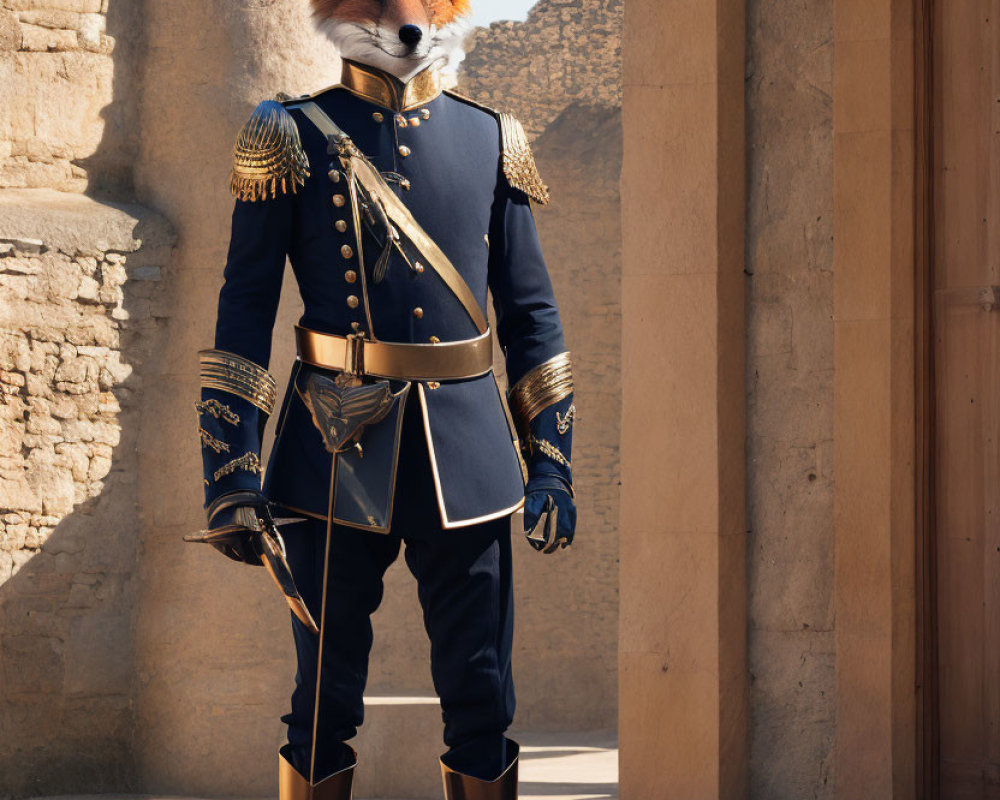 Fox-headed figure in blue and gold military attire at ancient ruins