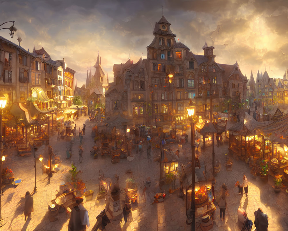 Medieval market square with vendor stalls and townspeople at sunset