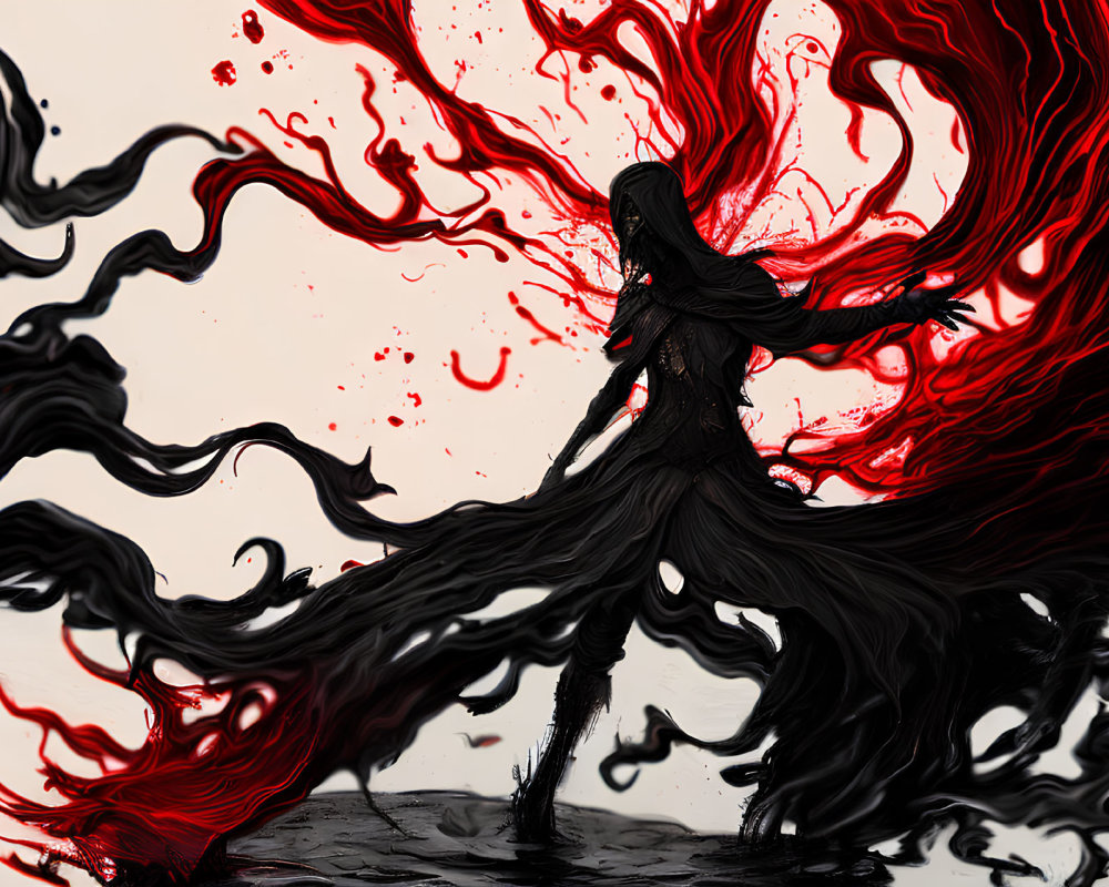 Stylized female figure in black with vibrant red abstract flow