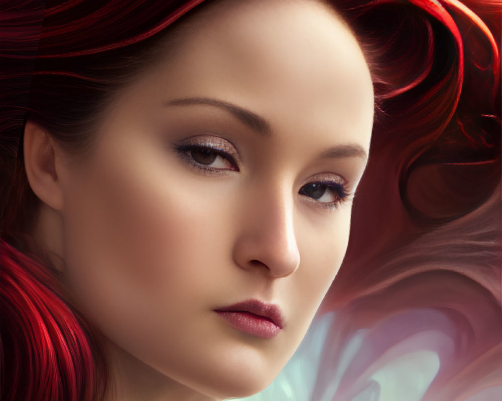 Digital artwork of woman with red hair in contemplative pose amid ethereal backdrop