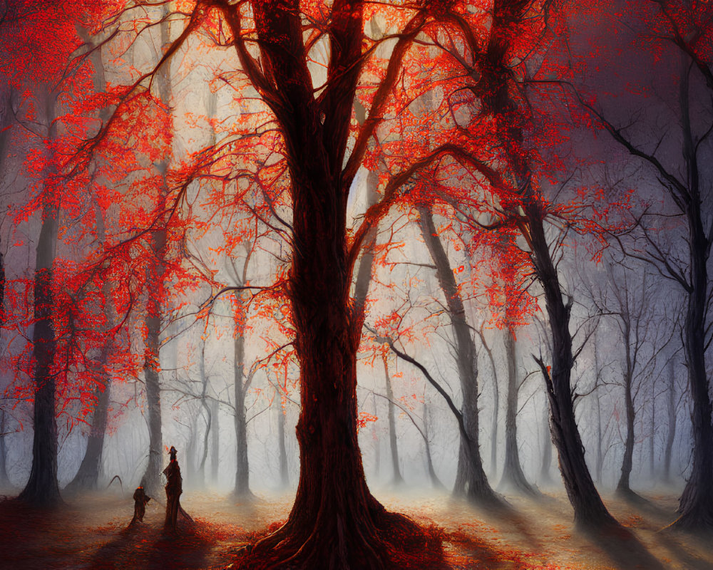 Person under vibrant red tree in mystical forest