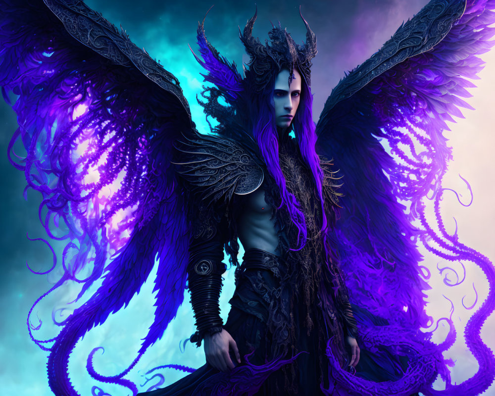 Dark-armored figure with vibrant purple wings on blue background