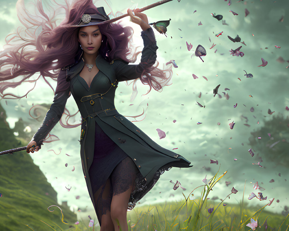 Mystical witch with purple hair in grassy field with wand and butterflies under stormy sky