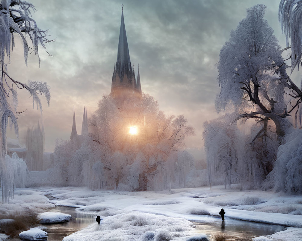 Snow-covered winter landscape with frozen river, people walking, and cathedral silhouette at sunrise or sunset.