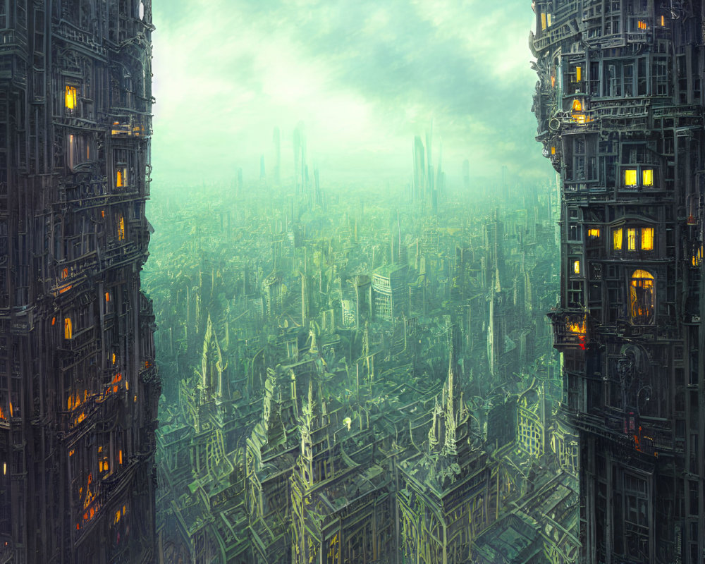 Futuristic cityscape with towering buildings in greenish haze