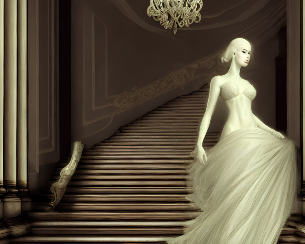 Ethereal figure in flowing white gown descends elegant spiral staircase