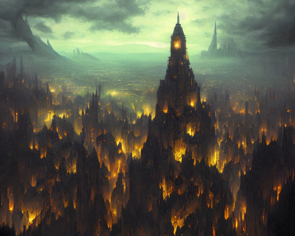 Dark fantasy cityscape with gothic spire at dusk