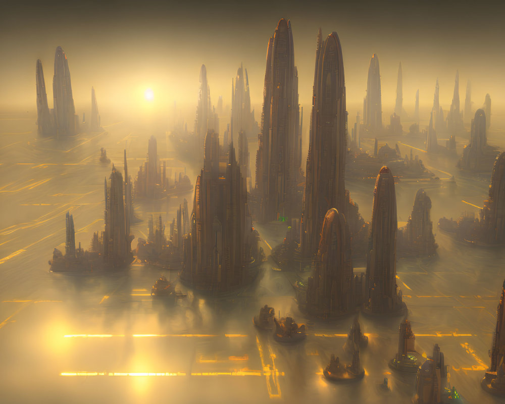 Futuristic sunset cityscape with towering skyscrapers and misty ambiance