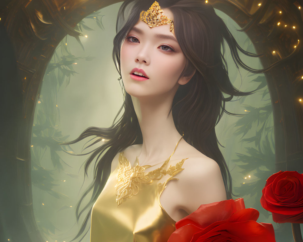 Ethereal woman in golden headdress and attire with red roses in ornate frame