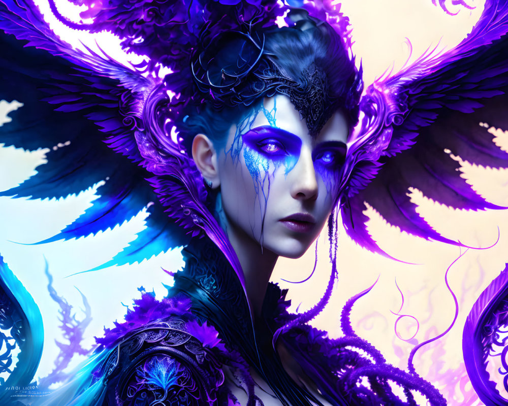 Fantasy figure with purple and black feathered wings and blue facial markings