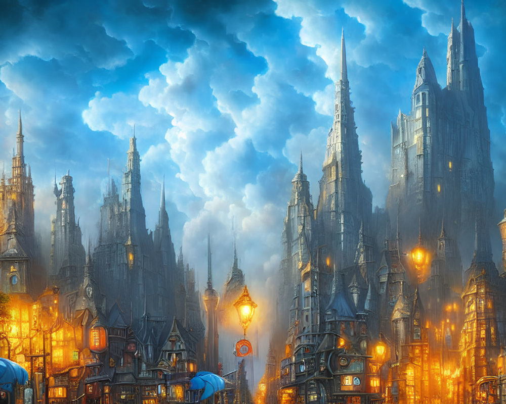 Panoramic View of Fantastical Illuminated City Street