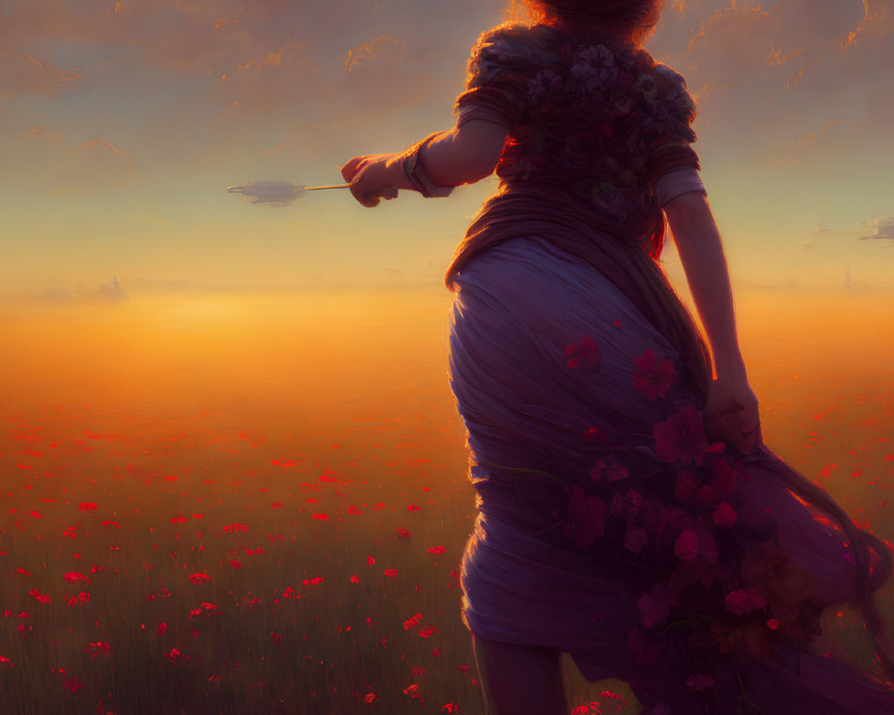 Woman in floral dress in poppy field at sunset with outstretched arm