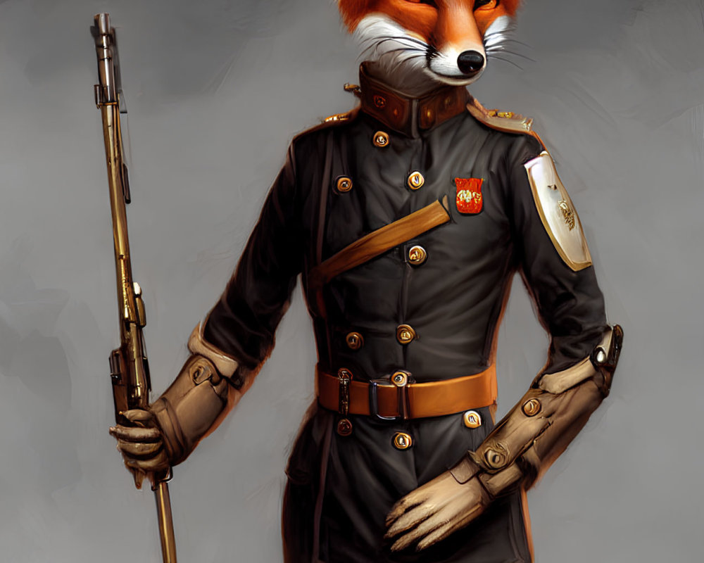 Military uniformed anthropomorphic fox with rifle and medals on grey background