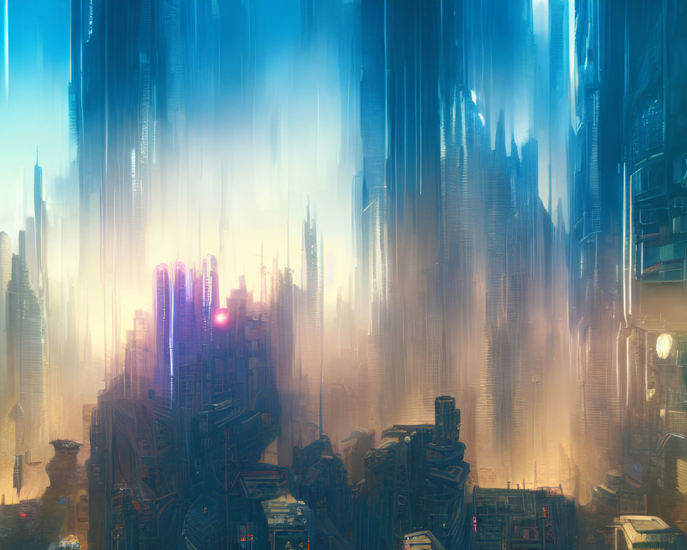 Sunrise illuminates futuristic cityscape with towering skyscrapers and light beams.