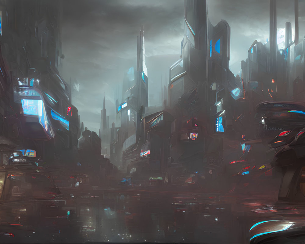 Futuristic cityscape with sleek skyscrapers and flying vehicles