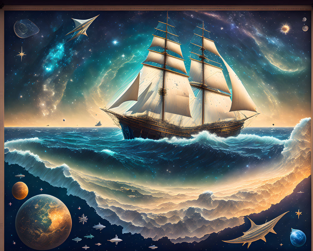 Sailing ship navigating cosmic seas among planets and stars