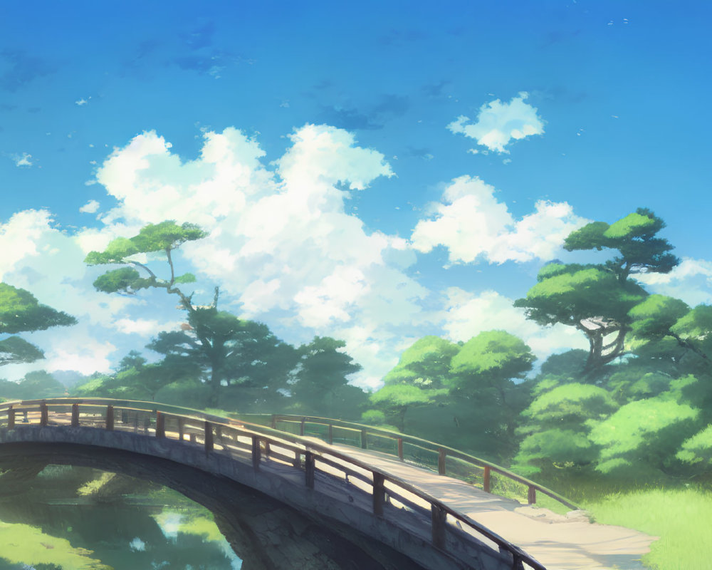 Tranquil Landscape with Wooden Bridge over River