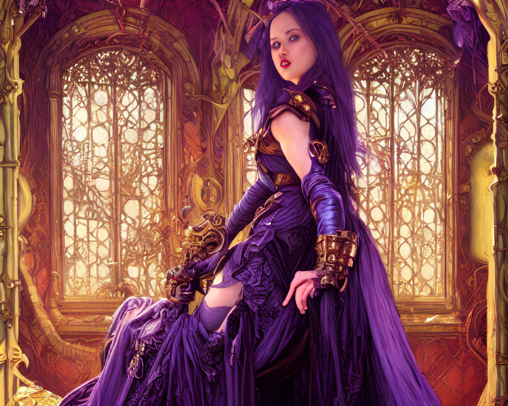 Elaborate Purple Fantasy Attire Woman in Ornate Room