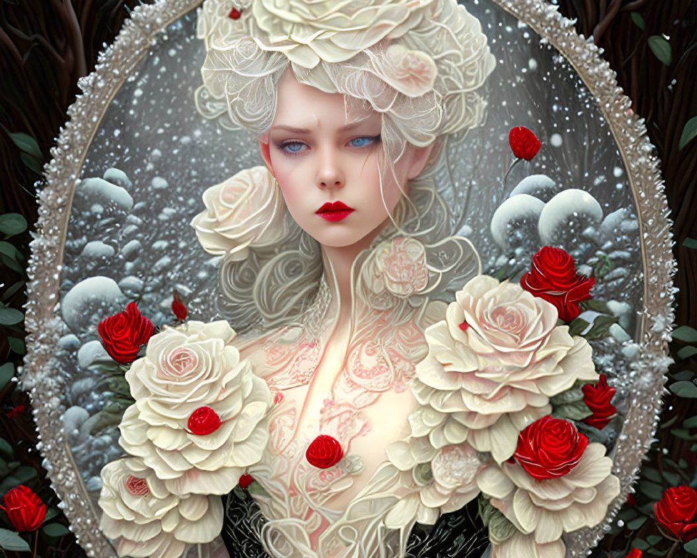 Illustrated woman with pale skin and blue eyes surrounded by roses in a floral frame.