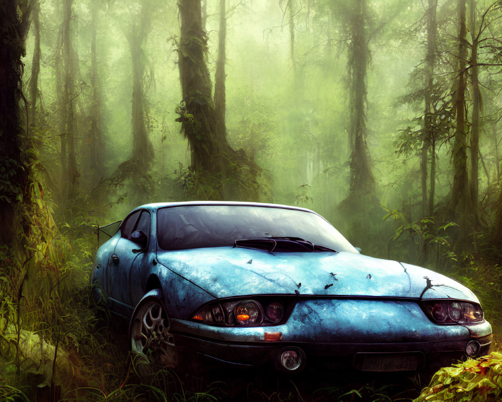 Abandoned blue sports car with hood scoop in misty forest