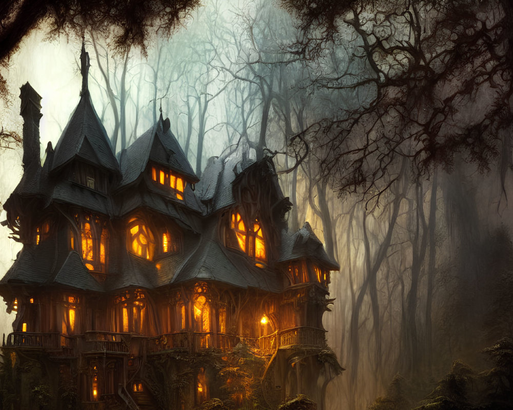 Victorian-style mansion in misty forest with illuminated lights