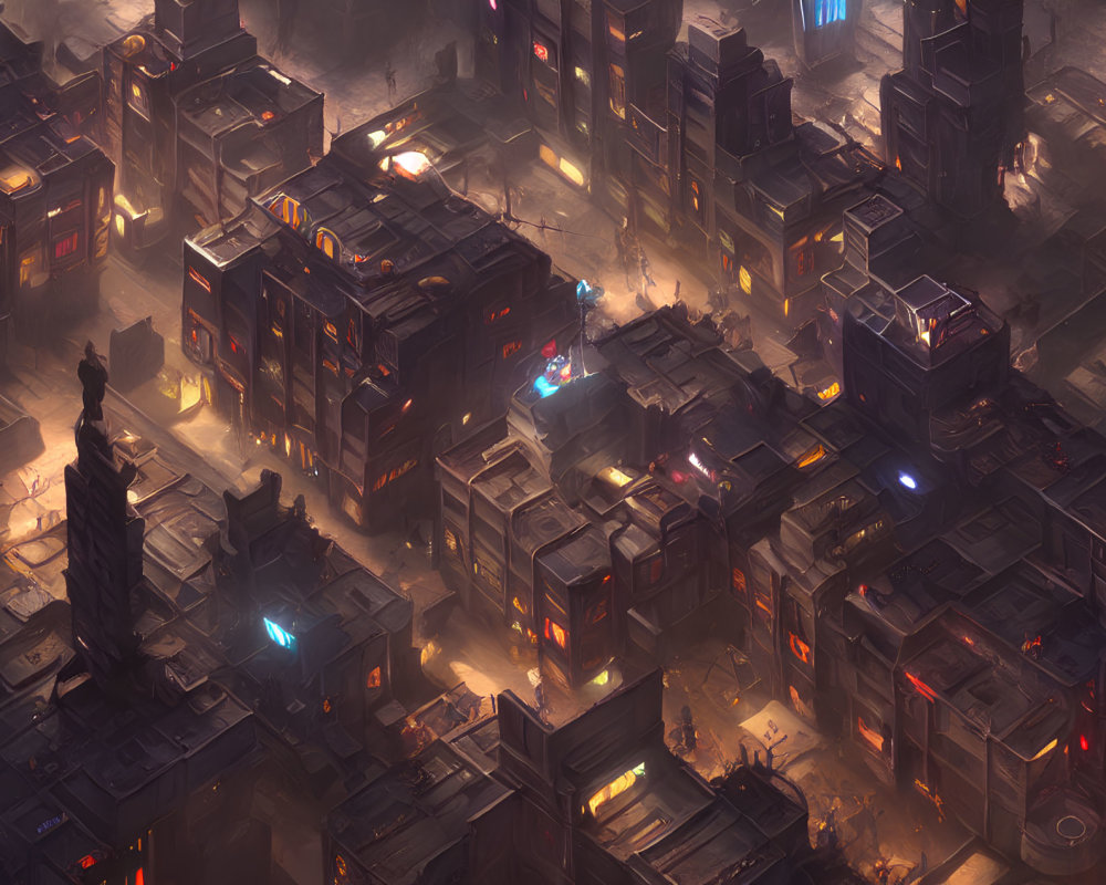 Futuristic cityscape at dusk: towering buildings, glowing windows, neon signs, and a prominent