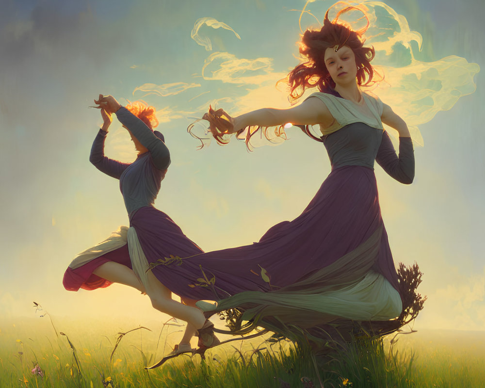 Ethereal women dancing in sunlit field with flowing dresses and hair