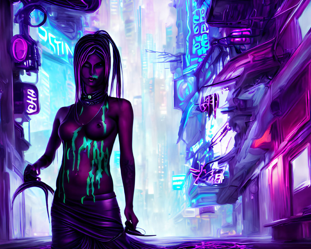 Glowing green neon tattoos on woman in futuristic city alley