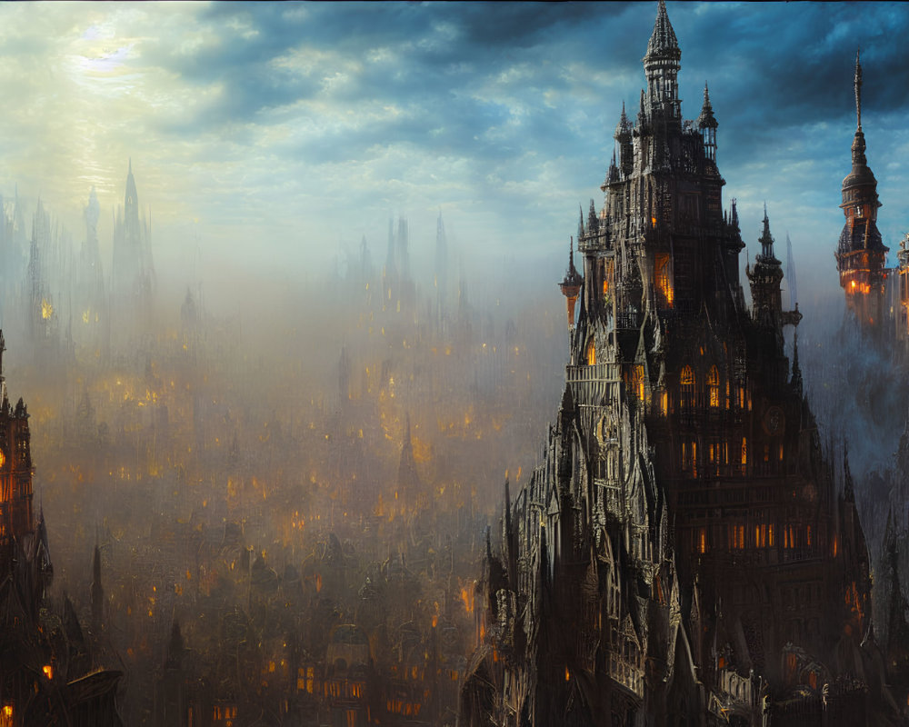 Gothic-style towers in mystical cityscape at dusk