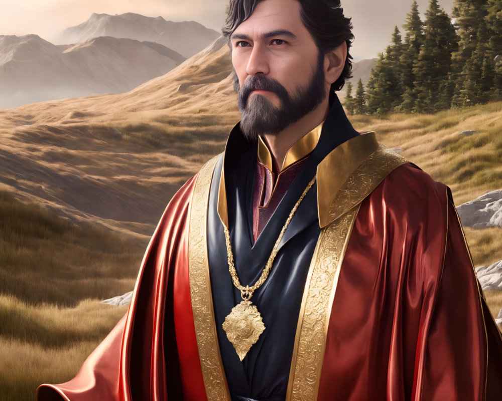 Bearded man in red and gold cloak against mountain backdrop