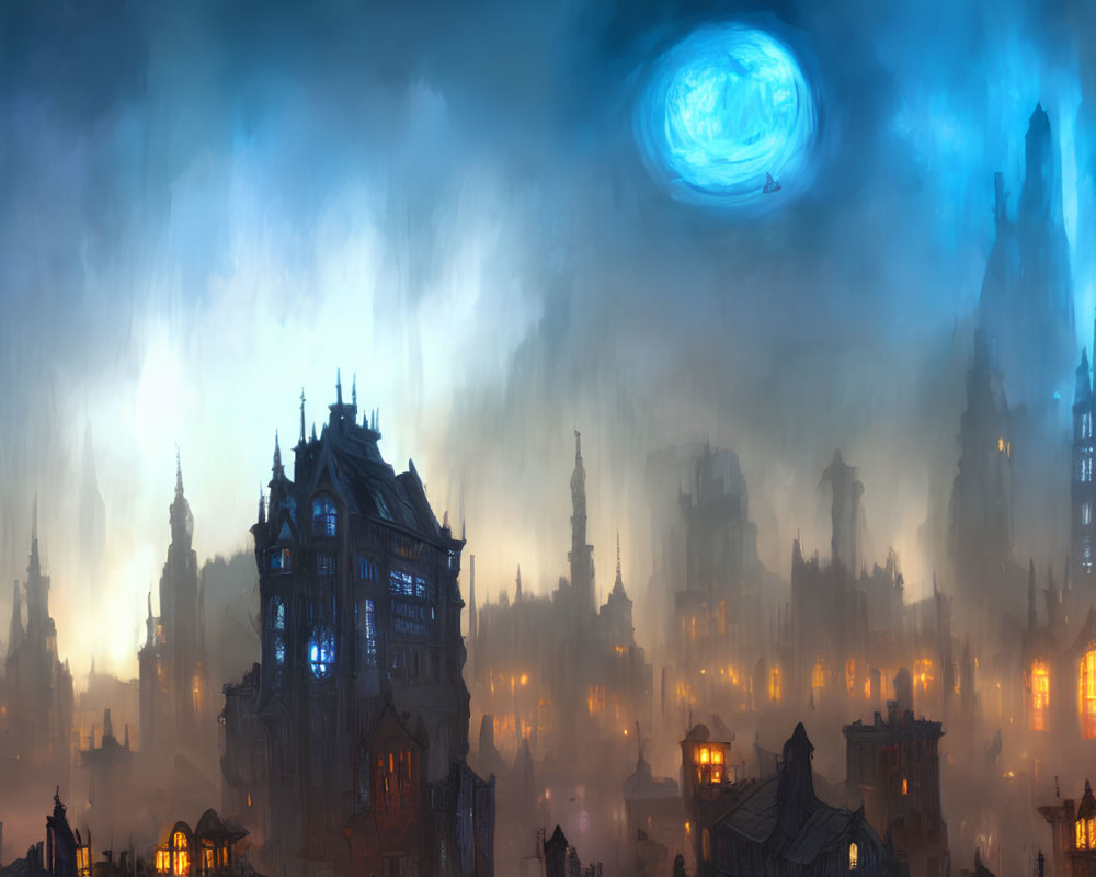 Panoramic fantasy cityscape with illuminated windows and swirling blue portal