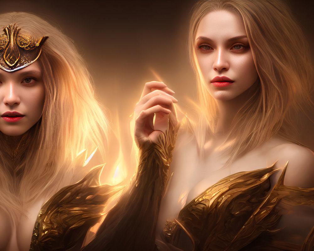 Two women with striking features in golden crown and armor in warm ambiance