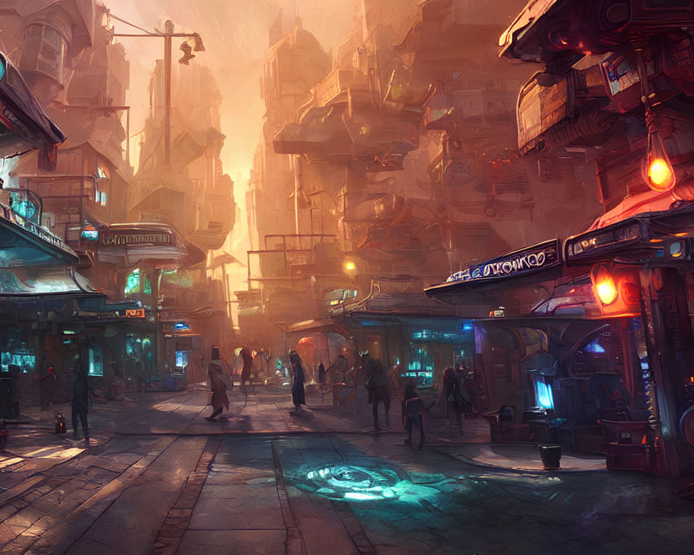 Cyberpunk city street with neon signs and shadowy figures