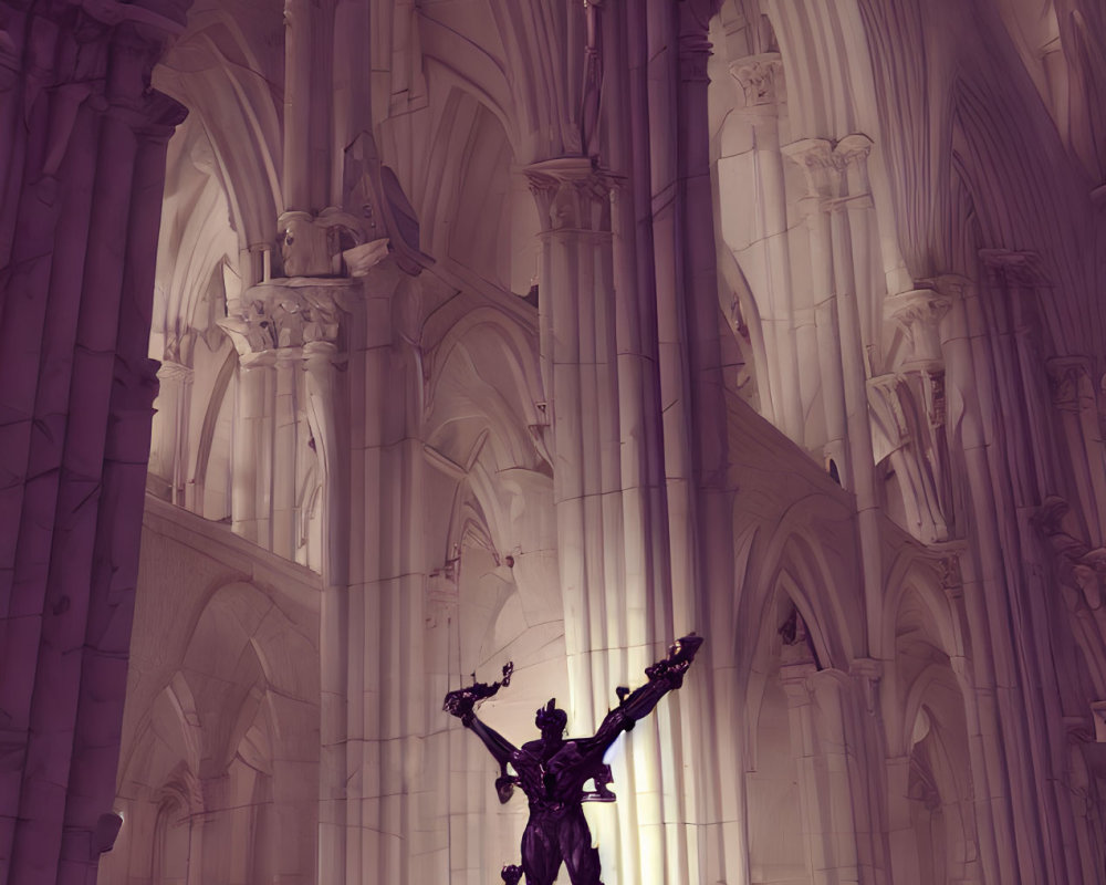 Gothic cathedral statue in soft light and stained glass