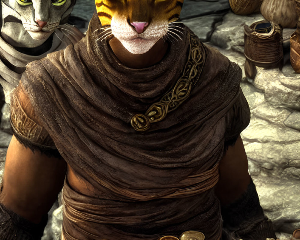 Digital artwork of humanoid with tiger head in brown robe at cluttered potion stall