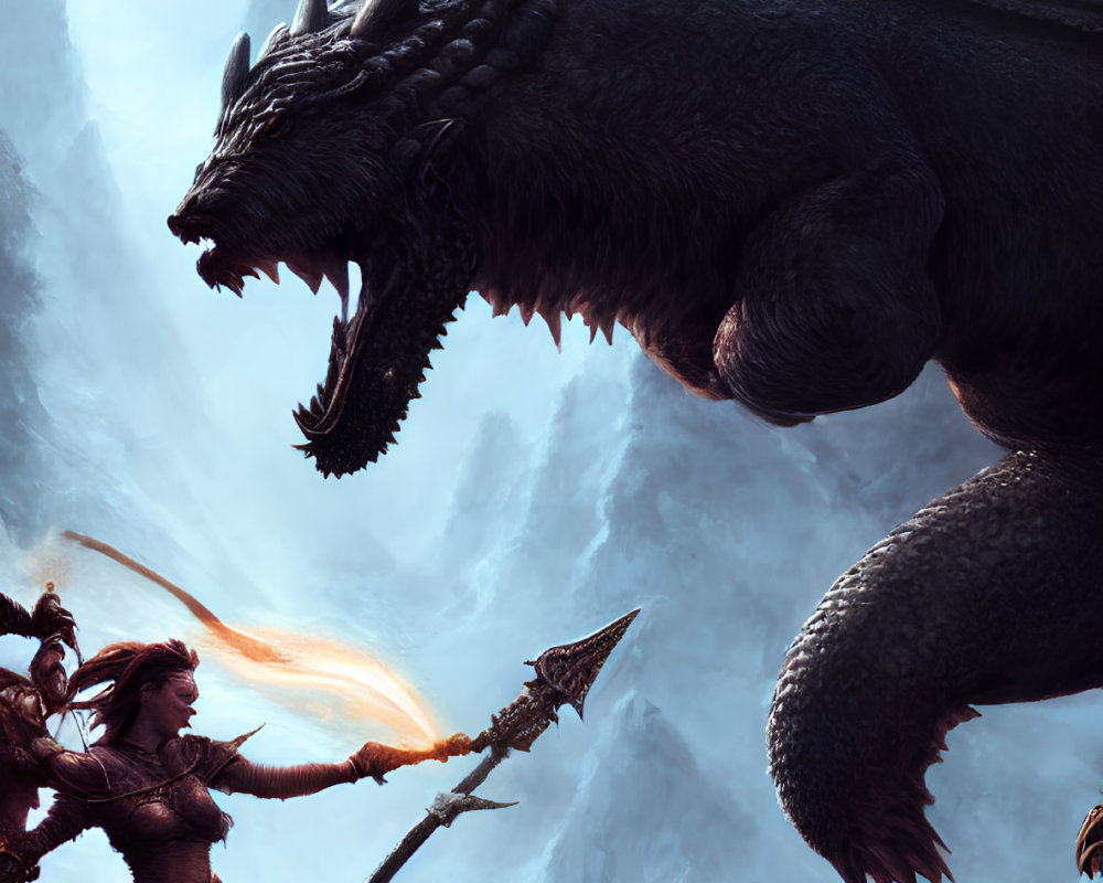 Warrior woman with spear confronts giant dragon in mountainous scene