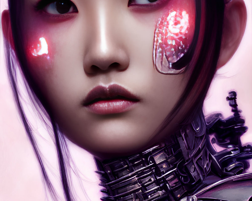 Futuristic cyborg-like woman with metallic enhancements