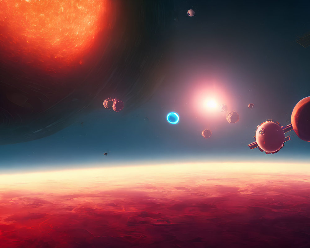 Colorful sci-fi space scene with red planet, celestial bodies, and bright sun in cosmic sky