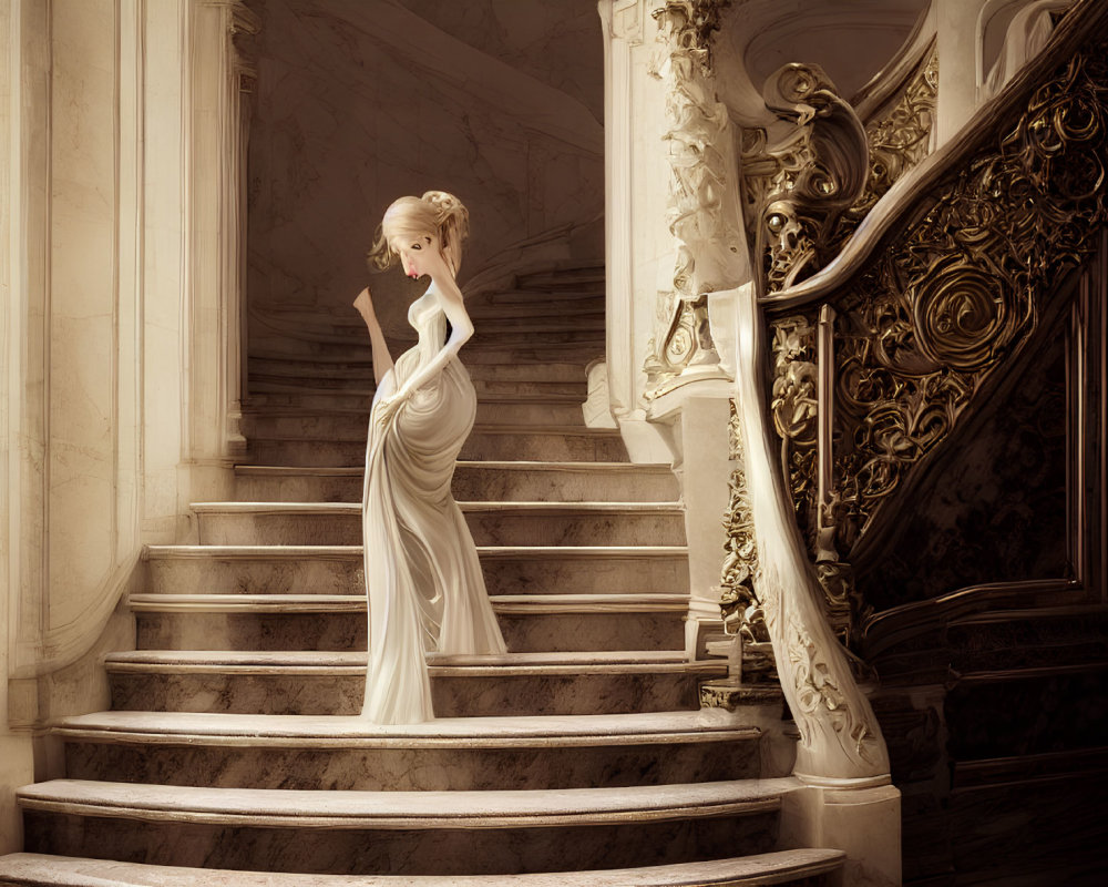 Graceful figure in white dress on ornate spiral staircase