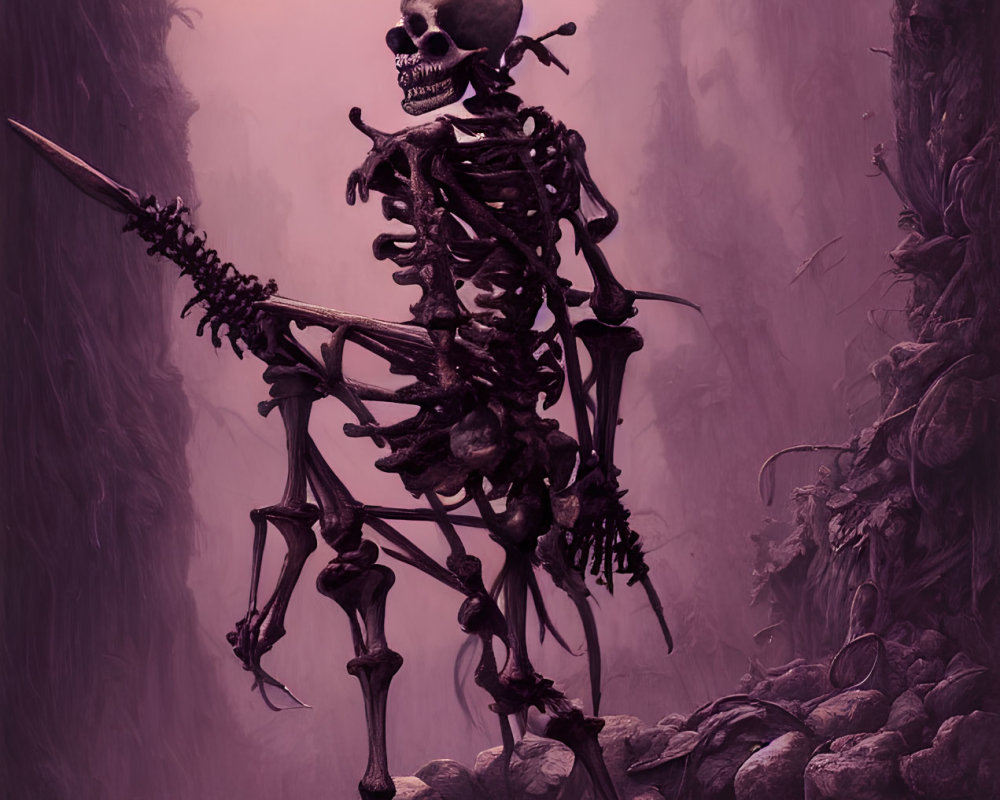 Towering Skeleton with Spear in Eerie Setting