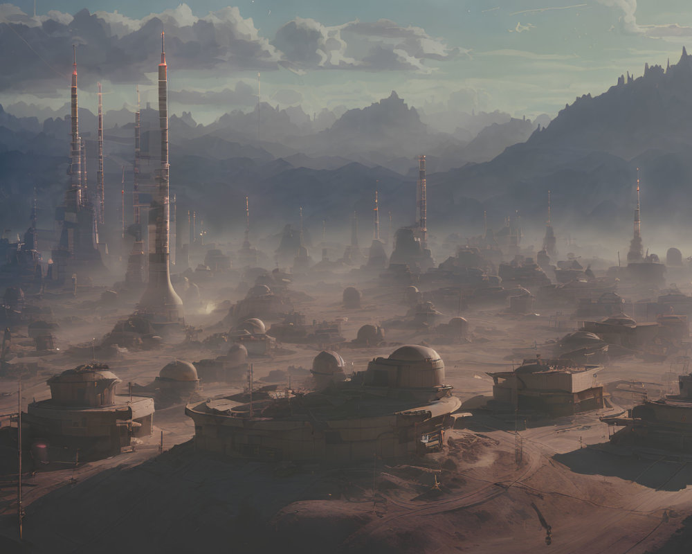 Futuristic desert cityscape with domes, spires, and mountains at dusk