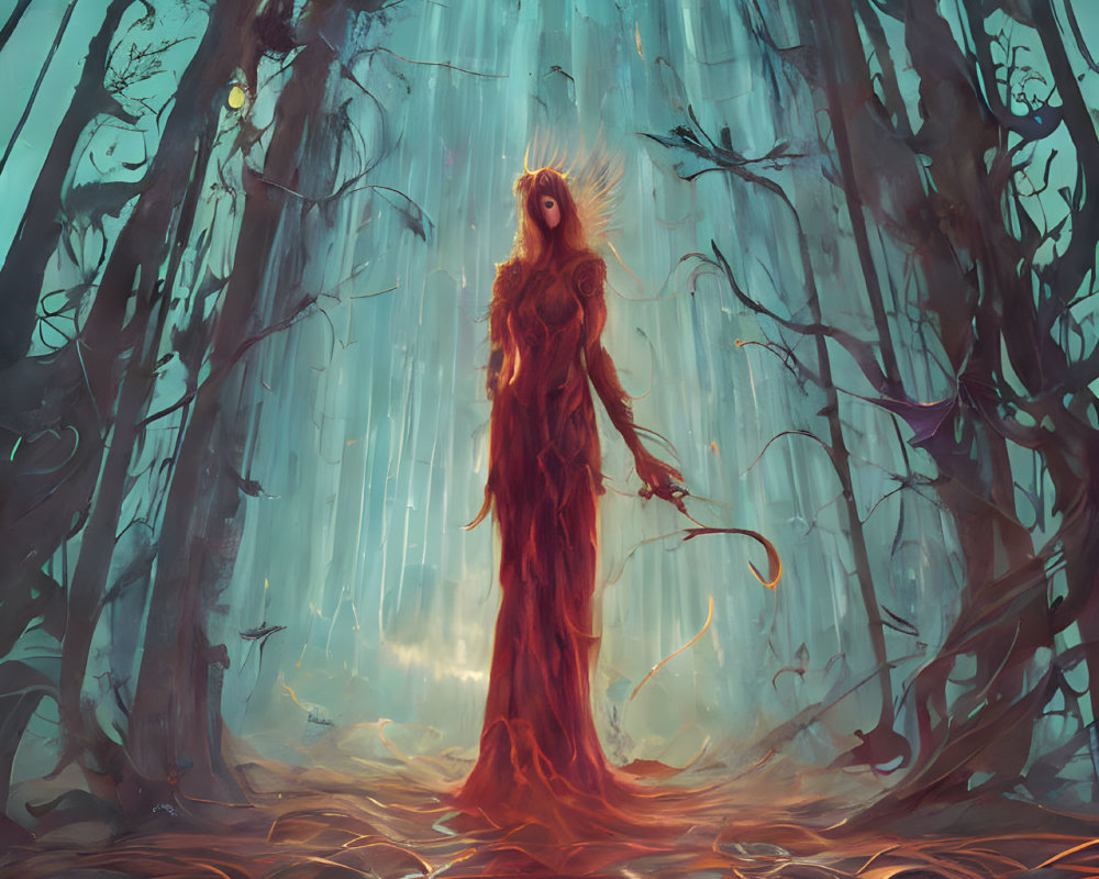 Mystical figure in haunted forest with ghostly lanterns and looming eyes