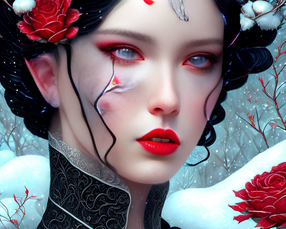 Digital artwork: Pale-skinned woman with red eyes, surrounded by roses and snow