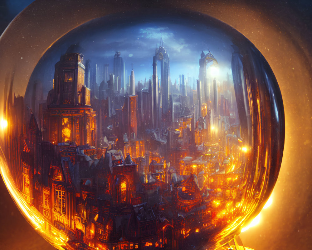 Futuristic cityscape in glowing transparent sphere: traditional vs modern buildings