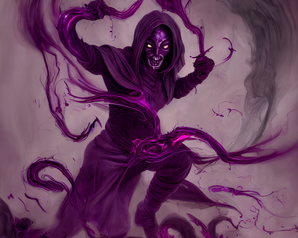 Menacing figure cloaked in purple with glowing eyes and spectral tendrils.