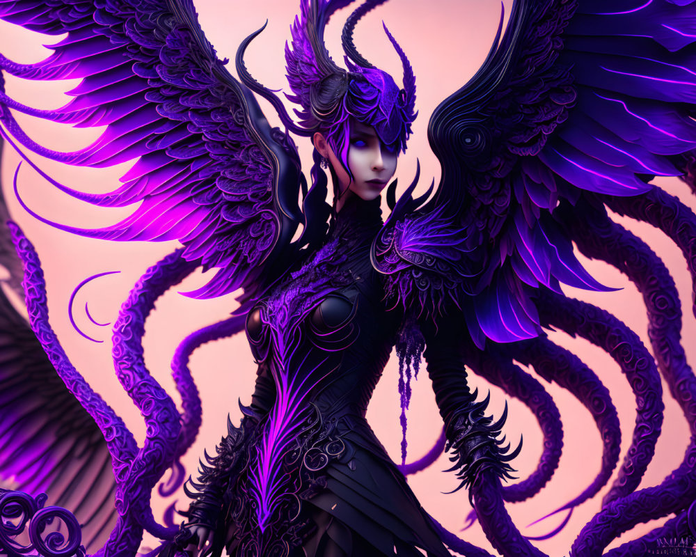 Intricate dark purple armor character with wings on purple backdrop