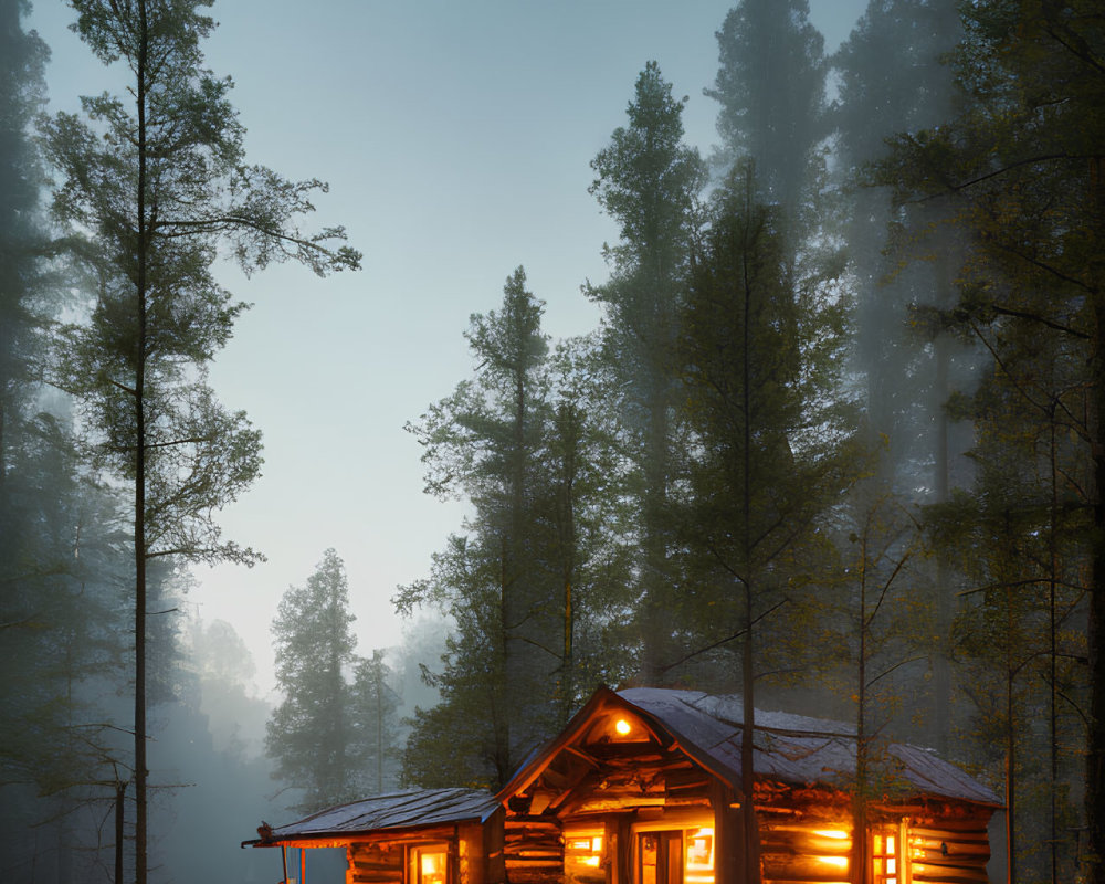 Twilight scene: Warmly lit log cabin amid misty pine trees